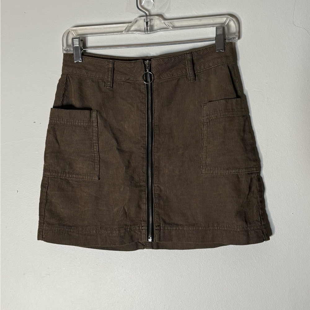 Khaki/green Corduroy Skirt with Front Zipper